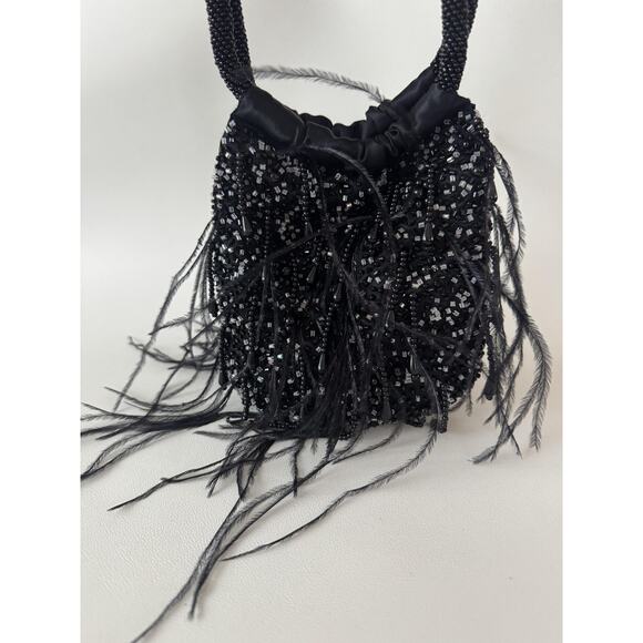 La Regale Beaded Evening Bag Womens One Size Black Feather Fringe Purse Party - Picture 8 of 11